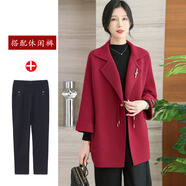 迪茸喜婆婆婚宴媽媽春裝外套新款針織衫中老年女秋冬裝大碼毛呢子大衣 酒紅色+黑色休閑褲 2XL 推薦110-125斤（高端大氣）
