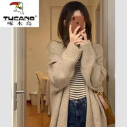 啄木鳥（TUCANO）羊毛針織開衫女韓系慵懶風(fēng)中長款毛衣外套女秋冬大碼胖mm韓版上衣 杏色 收藏加購極速發(fā)貨 M 【100-110斤】