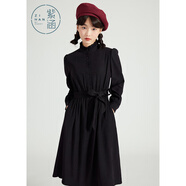 紫涵（ZIHAN）木耳邊連衣裙女中長(cháng)款立領(lǐng)大散擺裙子氣質(zhì)修身 黑色 S