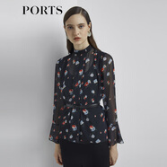 PORTS寶姿新品女裝宮廷復古荷葉袖雪紡襯衫LL8B090KPP052 黑色印花 XS (2)