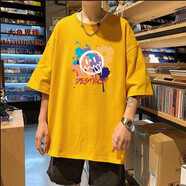 大魚界線 短袖T恤男寬松圓領(lǐng)體恤衫潮牌港風(fēng)笑臉涂鴉印花t恤夏季上衣服男 黃色 XL(135-150斤）