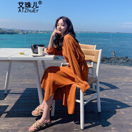 艾珠兒牛油果綠連衣裙女2025春秋新款雪紡仙女超仙森系網(wǎng)紅襯衫裙子 珊瑚橘 L