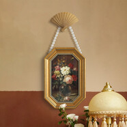 hoogerart 法式復(fù)古植物花卉裝飾畫(huà)美式餐廳臥室懷舊壁畫(huà)珍珠項(xiàng)鏈八角掛畫(huà) A款-金色滾珠八角框+扇子 畫(huà)框尺寸23*35cm 不加玻璃（防水上光處理）