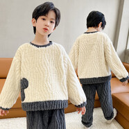 童話課堂兒童裝男童睡衣秋冬款家居服加絨冬季珊瑚絨男孩中大童加厚法蘭絨 米白色—米奇頭 140 碼建議身高125-135厘米左右
