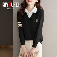 璦優(yōu)霏（aiyoufei）假兩件針織衫女春秋冬新款襯衣領(lǐng)加厚寬松打底毛衣女內(nèi)穿外搭上衣 黑色 XL建議115-125斤左右