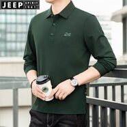 JEEP SPIRIT吉普休閑翻領(lǐng)長袖t恤男寬松大碼薄春秋莫代爾彈力柔軟開衩體恤衫 墨綠 L (175) /96A建議135-145斤