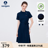 Navigare意大利小帆船短袖連衣裙女士夏季棉質(zhì)斜領(lǐng)裙子時(shí)尚顯瘦半袖a字裙 海軍藍 S 碼