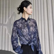 安妮路易斯（GIRODET）阿瑪女裝2025春夏新款氣質(zhì)蕾絲減齡微透長袖綁帶襯衫5300285 5300285-藍色 3碼=M