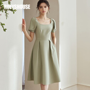 ROEYSHOUSE羅衣復古方領(lǐng)豆綠色連衣裙夏裝新款淑女拼接褶皺a擺裙06692 豆綠色 M