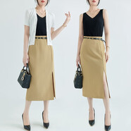 安依蓮高腰職業(yè)裝黑色半身裙女春夏新款鉛筆西裝裙修身包臀裙開(kāi)叉一步裙 22063黃色短裙 S