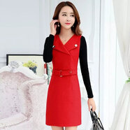 蘭威費雷秋冬新款女裝韓版長(cháng)袖冬裙毛呢連衣裙修身顯瘦加厚打底裙子女 紅色 XL 【適合110-120左右】