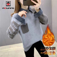 AEMAPE衛衣女2025春秋冬季新款加絨毛衣拼接假兩件打底衫韓版外套 MX-3290_灰色【加絨加厚】 M _建議90-100斤