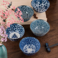 美濃燒（Mino Yaki）日本進(jìn)口陶瓷 古染青花陶瓷家用單個(gè)釉下彩復古日式吃飯碗飯碗 5件套