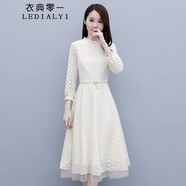 衣典零一 21年秋裝新款秋季女裝春秋時(shí)尚氣質(zhì)修身遮肚子顯瘦女士長(cháng)袖網(wǎng)紗蕾絲連衣裙中長(cháng)款打底裙a字裙子 米色 XL