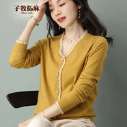子牧棉麻春裝新款 女韓版百搭套頭薄款V領(lǐng)網(wǎng)紗邊時(shí)尚洋氣針織衫5001 稻香黃 均碼(建議95-135斤)