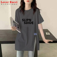 LOVER RUCCI2025年夏季新款純棉簡(jiǎn)約短袖上衣女韓版中長(zhǎng)款寬松百搭側(cè)開(kāi)叉t恤 黑色字母-灰色 XL 【125-140斤】