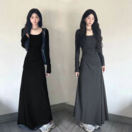 桃伊悠（taoyiyou）法式長袖灰色連衣裙女裝收腰顯瘦垂感長裙高級感過膝裙子秋冬內(nèi)搭 黑色 XL