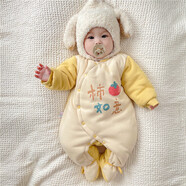 嬰兒冬款連體衣夾棉冬裝外套秋冬季連腳棉服新生衣服冬天棉衣薄棉 S386偏襟護肚黃色 73cm 6-10個(gè)月寶寶