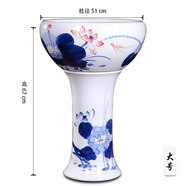 瓷小奴-景德鎮陶瓷落地立柱式魚(yú)缸特大號金魚(yú)缸睡蓮碗蓮荷花盆錦鯉室外 手繪藍荷【大號肚徑51cm】