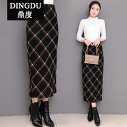 2019秋冬呢子格紋半身裙百搭修身高腰加厚長(cháng)裙后開(kāi)叉 黑色格子優(yōu)質(zhì)面料 加厚面料 S