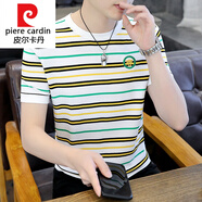 皮爾卡丹夏季冰絲麻條紋針織衫短袖T恤男青年韓版刺繡打底衫毛衣半袖體恤針織 1617白色 XL