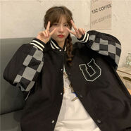 月袖歐美復古棒球服女薄款棋盤格嘻哈炸街寬松情侶夾克外套女 黑色【款】 L 105-125斤