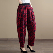 錦彩灣夏天哈龍褲女士哈倫褲蘿卜褲春夏穿夏季棉麻印花九分燈籠褲2025新 花色8 XL 建議90至110斤