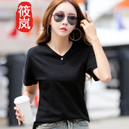 筱嵐2023夏季新款女裝短袖簡(jiǎn)約純色v領(lǐng)竹節棉t恤女寬松 黑色 L(110-120斤)