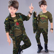 標點熊韓版兒童迷彩服洋氣男童三件套裝帥氣中大童衛(wèi)衣服小童休閑春秋裝 五星槍迷彩三件套【深綠】 100碼 建議身高 85-95 cm