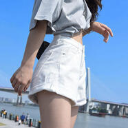 依嵐傲雪夏季薄a字黑色高腰牛仔短褲女顯瘦2024年新款熱辣妹短熱褲潮ins 白色 S