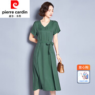 皮爾卡丹（pierre cardin）女裝銅氨絲V領(lǐng)連衣裙寬松收腰遮肚子真絲純色氣質(zhì)短袖長裙夏 皮爾卡丹-墨綠色 皮爾卡丹-L
