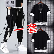 寫(xiě)璇男款短袖短褲夏天套裝男生韓版全套衣服男土一套男潮流搭配工裝褲 198工裝褲+D06短袖黑 XL