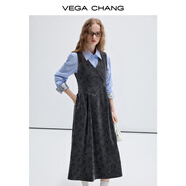 VEGA CHANG連衣裙女2025春秋季新款植絨印花收腰顯瘦V領(lǐng)疊穿背心裙 繡花灰 S