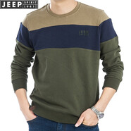 JEEP SPIRIT吉普休閑長(cháng)袖t恤男士圓領(lǐng)純棉套頭衫拼色寬松男裝打底上衣5008 5008卡其 XXXL