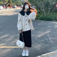 洋氣款減齡春秋季套裝女款小個子氣質搭配秋冬韓版套裝女學生寬松溫柔風娃娃領毛呢外套+黑色半身裙套裝 上衣+ 半身裙 套裝 S 【收藏關注+小禮物】
