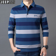 JEEP SPIRIT吉普休閑純棉翻領(lǐng)條紋長袖t恤男春秋珠地商務(wù)體恤衫繡標(biāo)大碼上衣 蘭色8031款 L (175) /92A建議130-140斤