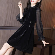 尹振天春秋御姐氣質(zhì)輕熟風收腰顯瘦荷葉邊網(wǎng)紗長袖打底連衣裙 黑色 XL