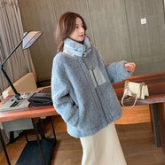 伊奇羽兒女裝短外套秋冬款女衛(wèi)衣冬季衣服皮毛立領(lǐng)羔毛韓版冬新款2021百搭 藍(lán) 加厚 S