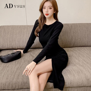香港潮牌ADVSUS官方秋冬新款連衣裙女韓版長(cháng)袖顯瘦包臀裙氣質(zhì)黑色抽褶開(kāi)叉打底裙女人味 黑色加絨 XL 建議115-125斤穿