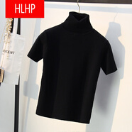 HLHP輕奢高檔品牌韓版秋冬高領(lǐng)毛衣女短袖修身套頭打底針織衫半袖大da碼外套上衣加厚 黑色 M90-100