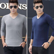 珊詩(shī)麗【2件裝】長(cháng)袖t恤男士v領(lǐng)純色薄款黑色潮秋衣服修身打底衫春夏季 V領(lǐng)淺灰色:V領(lǐng)藍色 XL 【108-125斤】