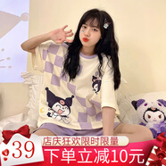 睡衣女春夏季純棉質(zhì)短袖薄款夏天韓版可愛卡通甜美女士家居服套裝 HS紫黃格魔兔 XL
