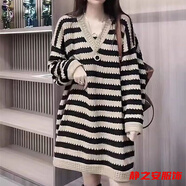 瑪菲萱秋季新款鏤空條紋針織女歐貨復古中長款寬松V領(lǐng)長袖毛衣連衣 卡其黑條紋 XL 建議體重125-140斤