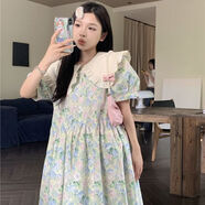 FDPV多巴胺穿搭法式復古女孩娃娃領(lǐng)碎帶連衣裙女學(xué)生中長(cháng)款a字裙 碎花連衣裙 【小禮物 S