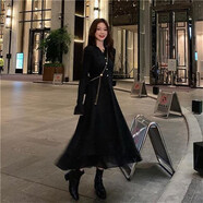 木清清 胖人大碼女裝胖mm針織打底裙秋冬新款微胖妹妹時(shí)尚寬松遮肚顯瘦小心機法式連衣裙 黑色長(cháng)裙 XL加大碼（建議120~140斤）