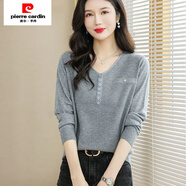皮爾卡丹（pierre cardin）女士春秋2024年長(cháng)袖毛衫上衣新款秋冬寬松洋氣針織打底毛衣衫 灰色 XL 建議115-125斤