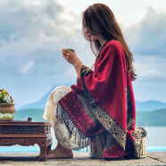 擎嶸裝新疆旅游連衣裙拍照出片西藏穿搭斗篷圍巾大披肩拉薩旅行衣服西 裝 酒紅色