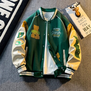 唐號美式潮牌棒球服男女春秋季情侶bf風(fēng)刺繡夾克寬松拼接休閑外套上衣 綠色 L