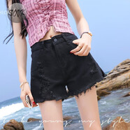SOVK破洞牛仔短褲女2025夏季新款時(shí)尚百搭毛邊高腰寬松闊腿A字熱褲 7905黑色 30 碼[建議120-130斤]