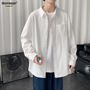 Homlean日系純色文藝襯衫男春夏長(cháng)袖打底高級感港風(fēng)休閑內搭HL02白色4XL